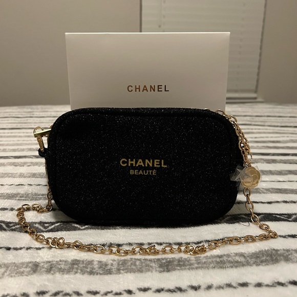 CHANEL  VIP Black Glitter Cosmetic Bag with Gold Chain - Picture 7 of 8